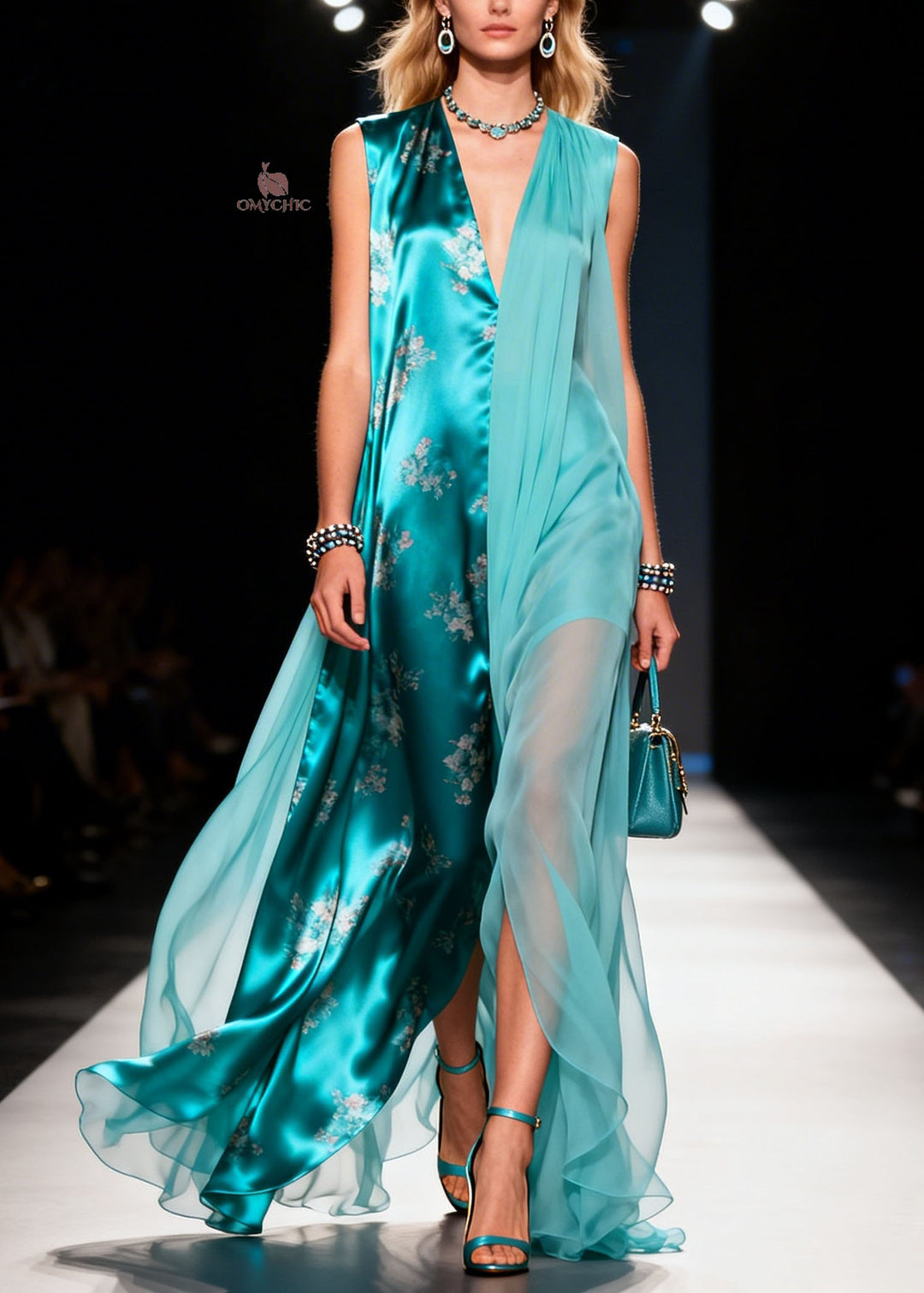 New Colorblock V Neck Print Patchwork Chiffon Long Dress Sleeveless