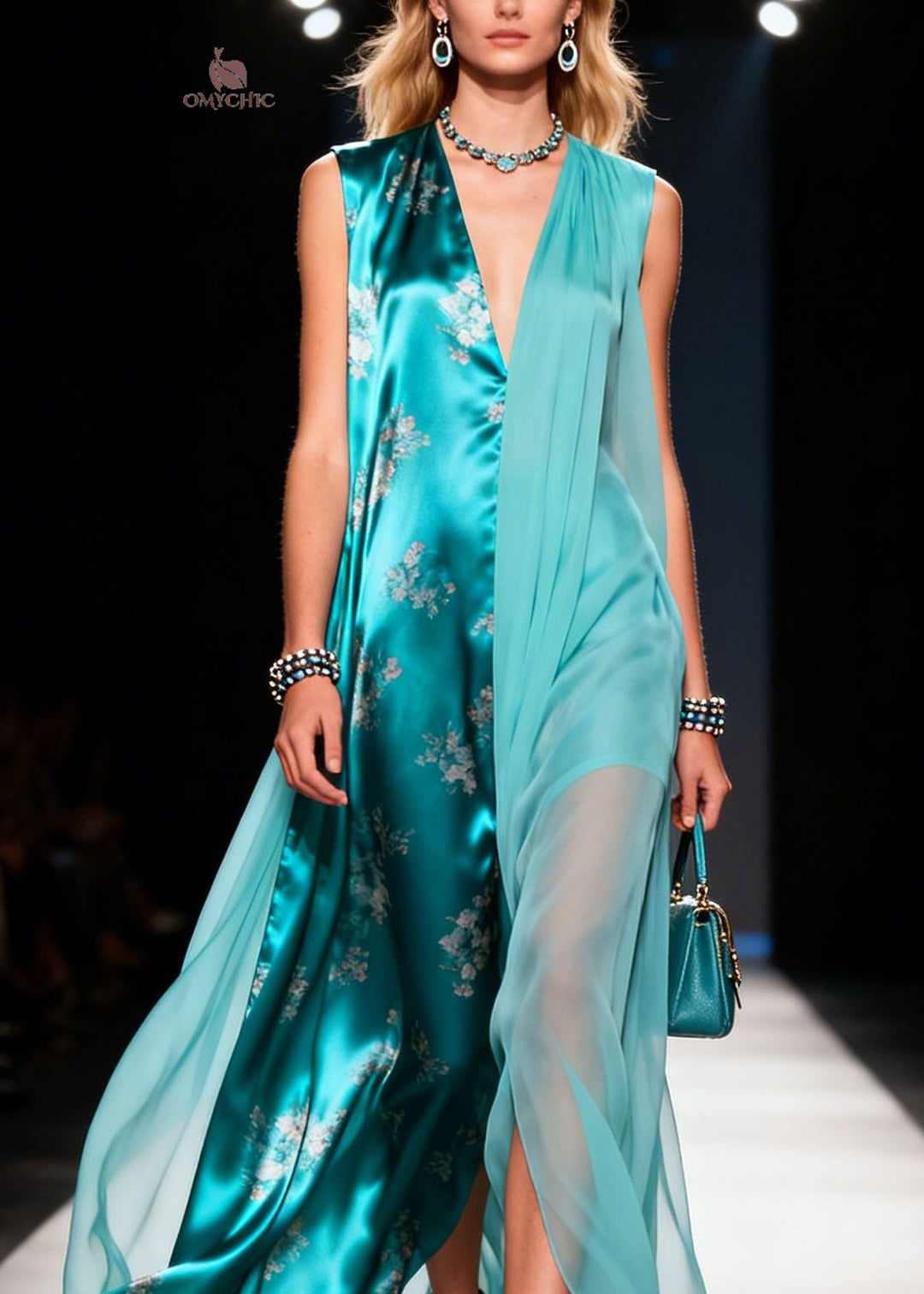 New Colorblock V Neck Print Patchwork Chiffon Long Dress Sleeveless