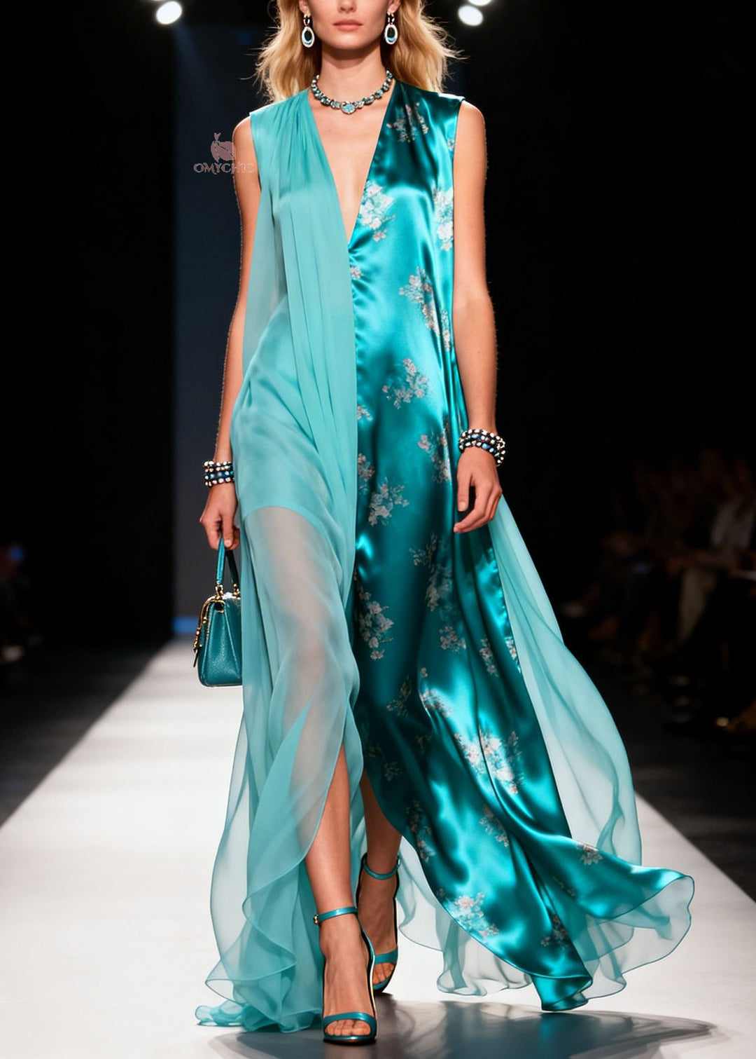 New Colorblock V Neck Print Patchwork Chiffon Long Dress Sleeveless
