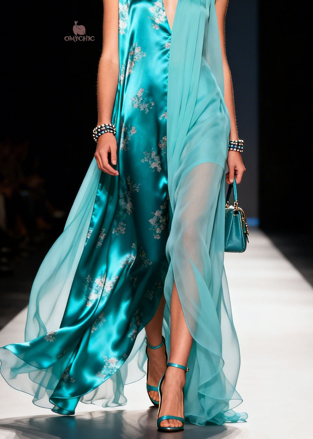 New Colorblock V Neck Print Patchwork Chiffon Long Dress Sleeveless