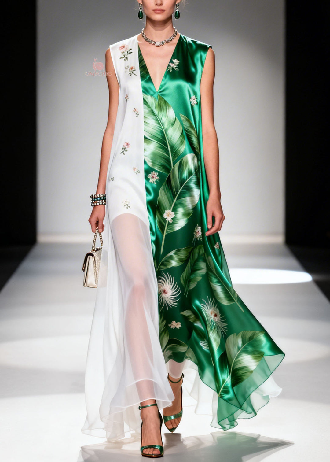 New Colorblock V Neck Print Patchwork Chiffon Long Dress Summer