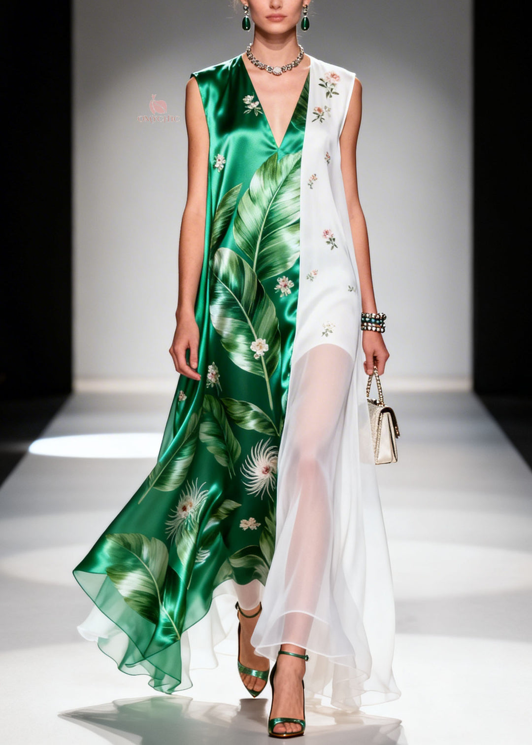 New Colorblock V Neck Print Patchwork Chiffon Long Dress Summer