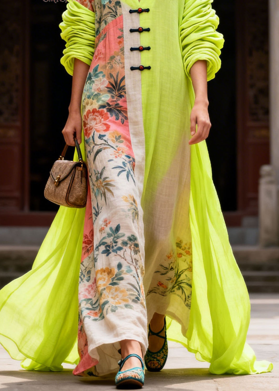 New Colorblock V Neck Print Patchwork Cotton Dress Summer