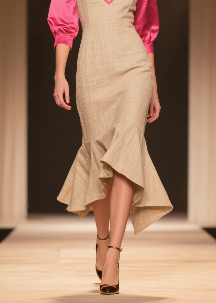 New Colorblock V Neck Ruffled Patchwork Linen Silk Dress Summer