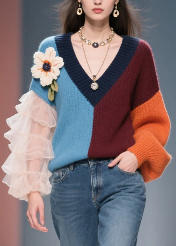 New Colorblock V Neck Tulle Floral Knit Sweater Fall