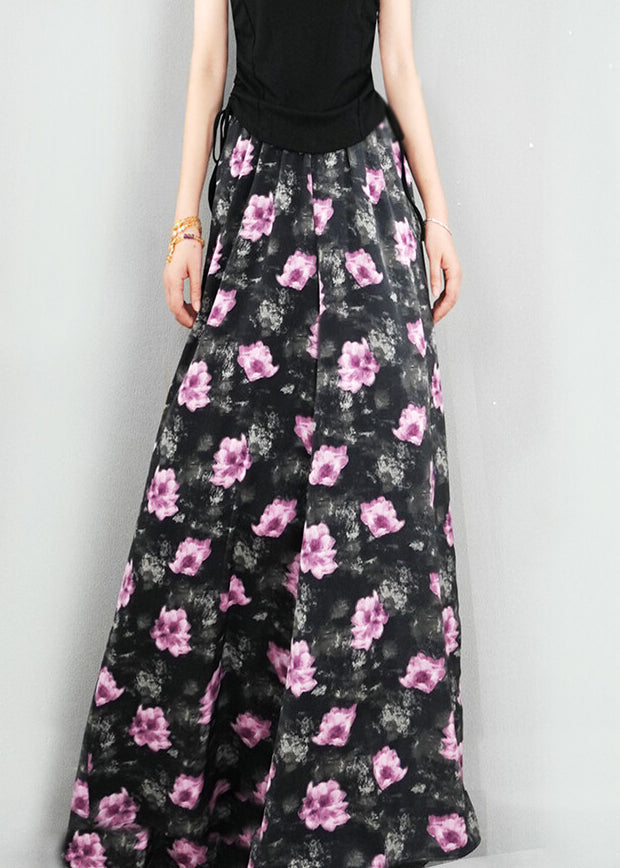 New Dark Gray Print Elastic Waist Cotton Wide Leg Pants Summer