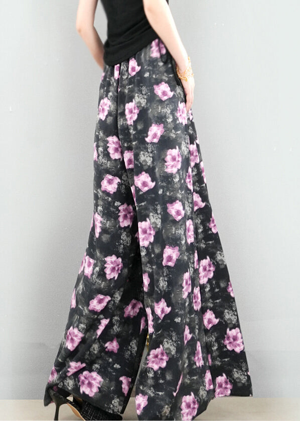 New Dark Gray Print Elastic Waist Cotton Wide Leg Pants Summer