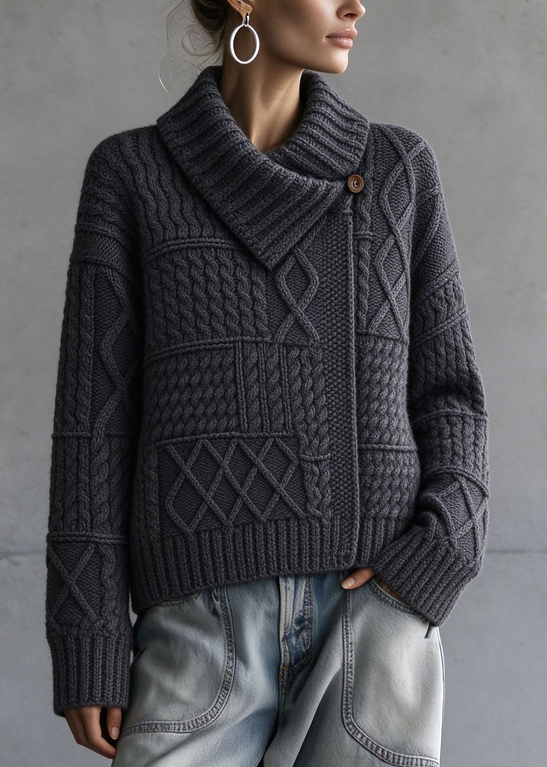 New Dark Grey Peter Pan Collar Thick Cable Knit Sweater Fall