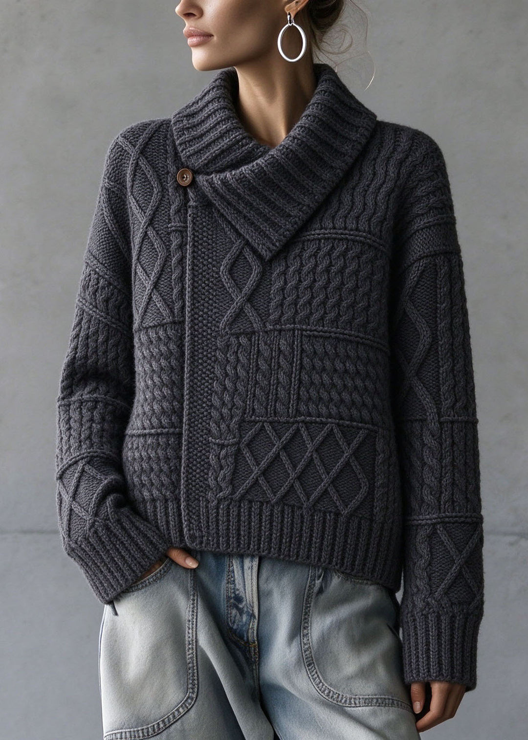 New Dark Grey Peter Pan Collar Thick Cable Knit Sweater Fall