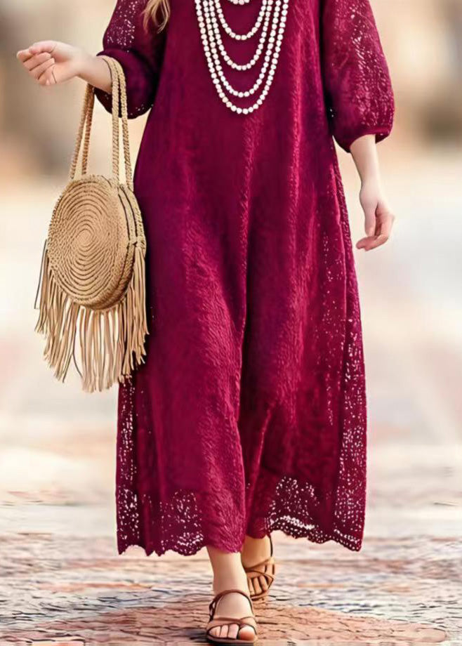 New Dark Purple O Neck Hollow Out Lace Dresses Summer