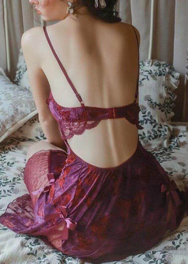 New Dark Purple Print Ice Silk Cardigans And Dress Pajama Set