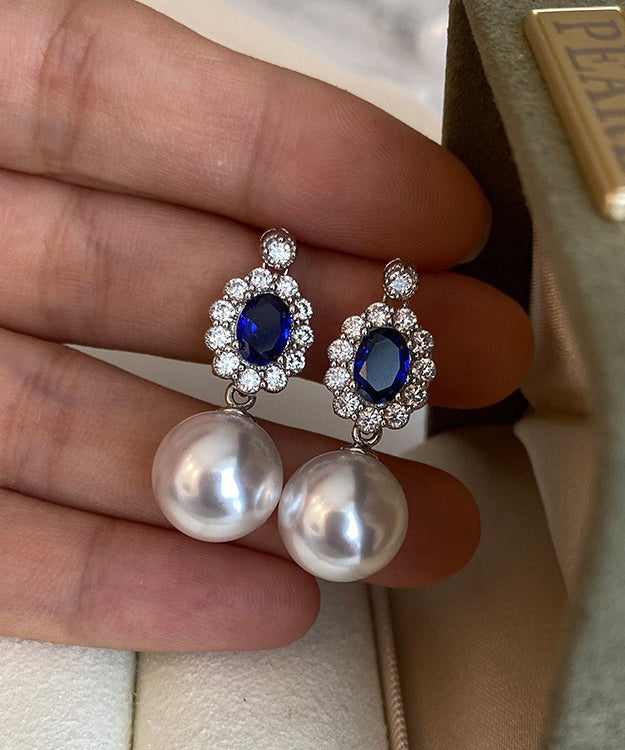 New Diamond Studded Pearl Oval Pendant Earrings