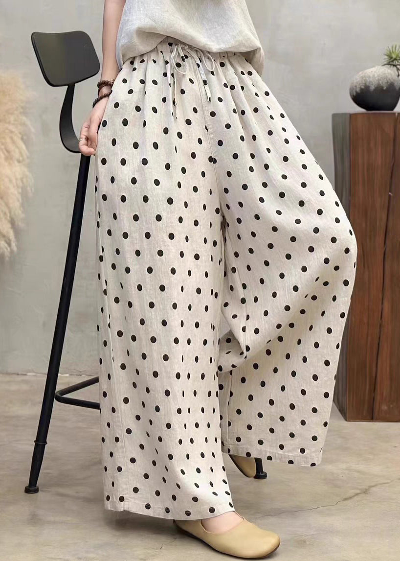 New Dot Pockets Elastic Waist Linen Wide Leg Pants Summer
