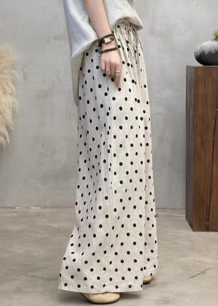 New Dot Pockets Elastic Waist Linen Wide Leg Pants Summer