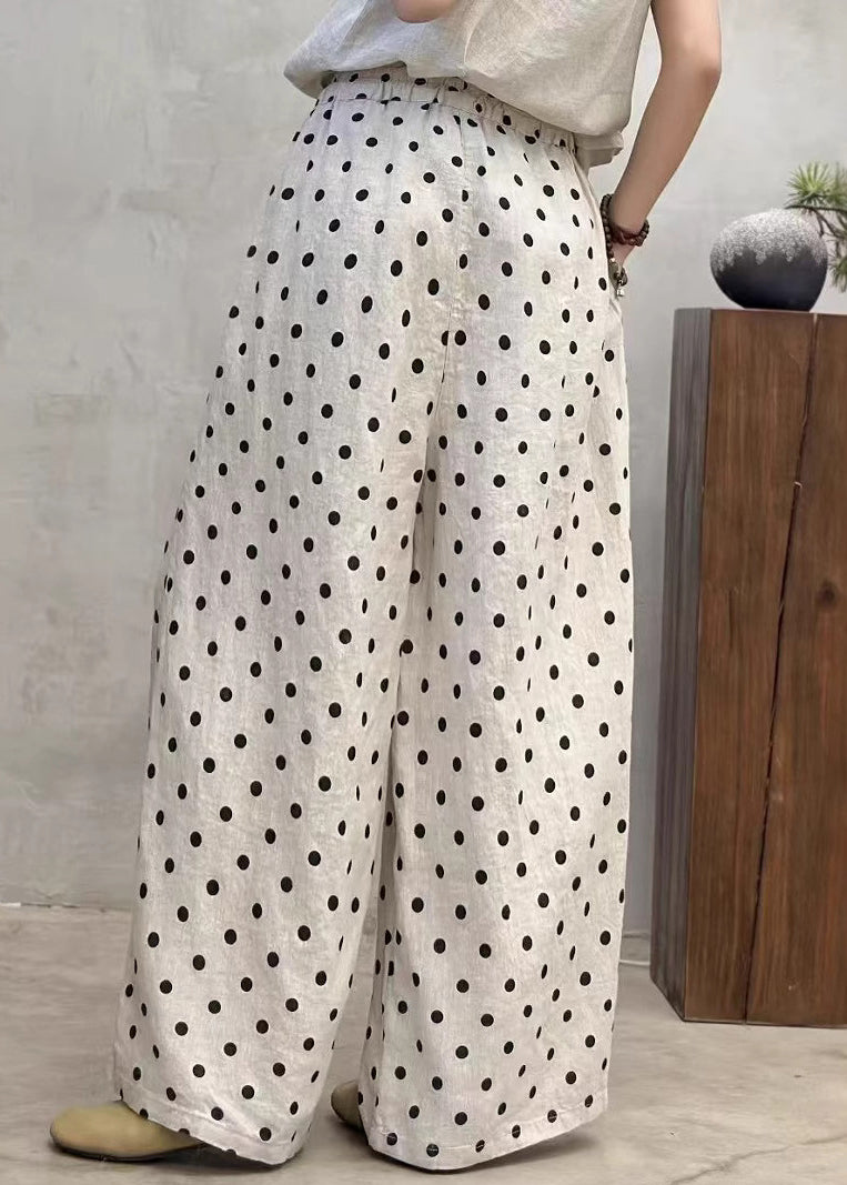 New Dot Pockets Elastic Waist Linen Wide Leg Pants Summer