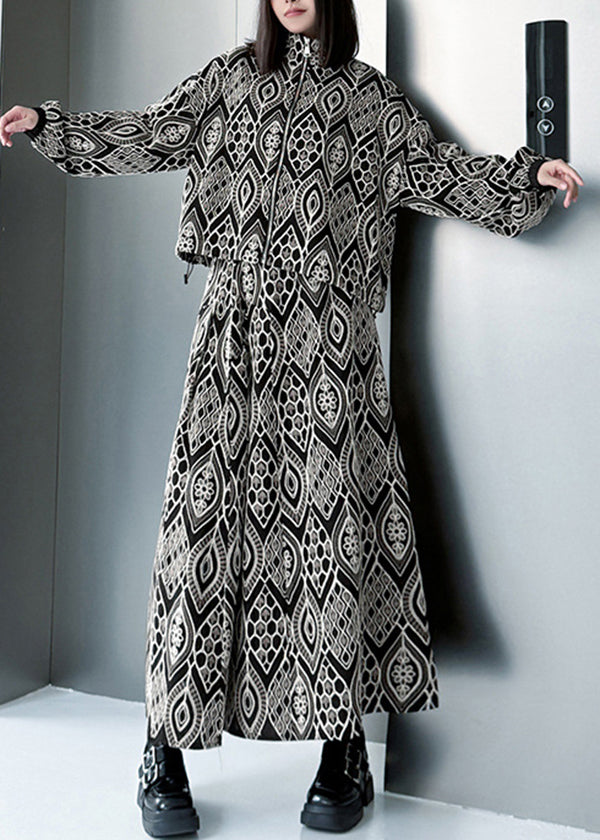 New Embroidered High Collar Print Top And Skirt Two Piece Set For Autumn