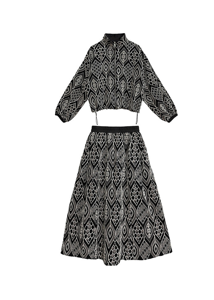 New Embroidered High Collar Print Top And Skirt Two Piece Set For Autumn
