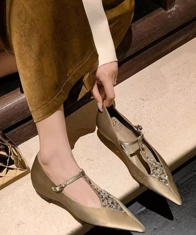 New Fashion Apricot Zircon Cowhide Leather Wedge Pointed Toe
