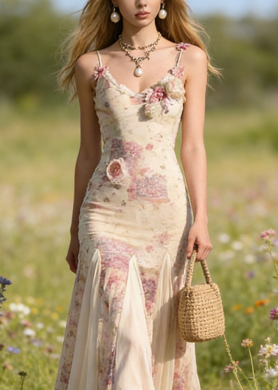 New Floral Patchwork Tulle Spaghetti Strap Dress Summer - Omychic