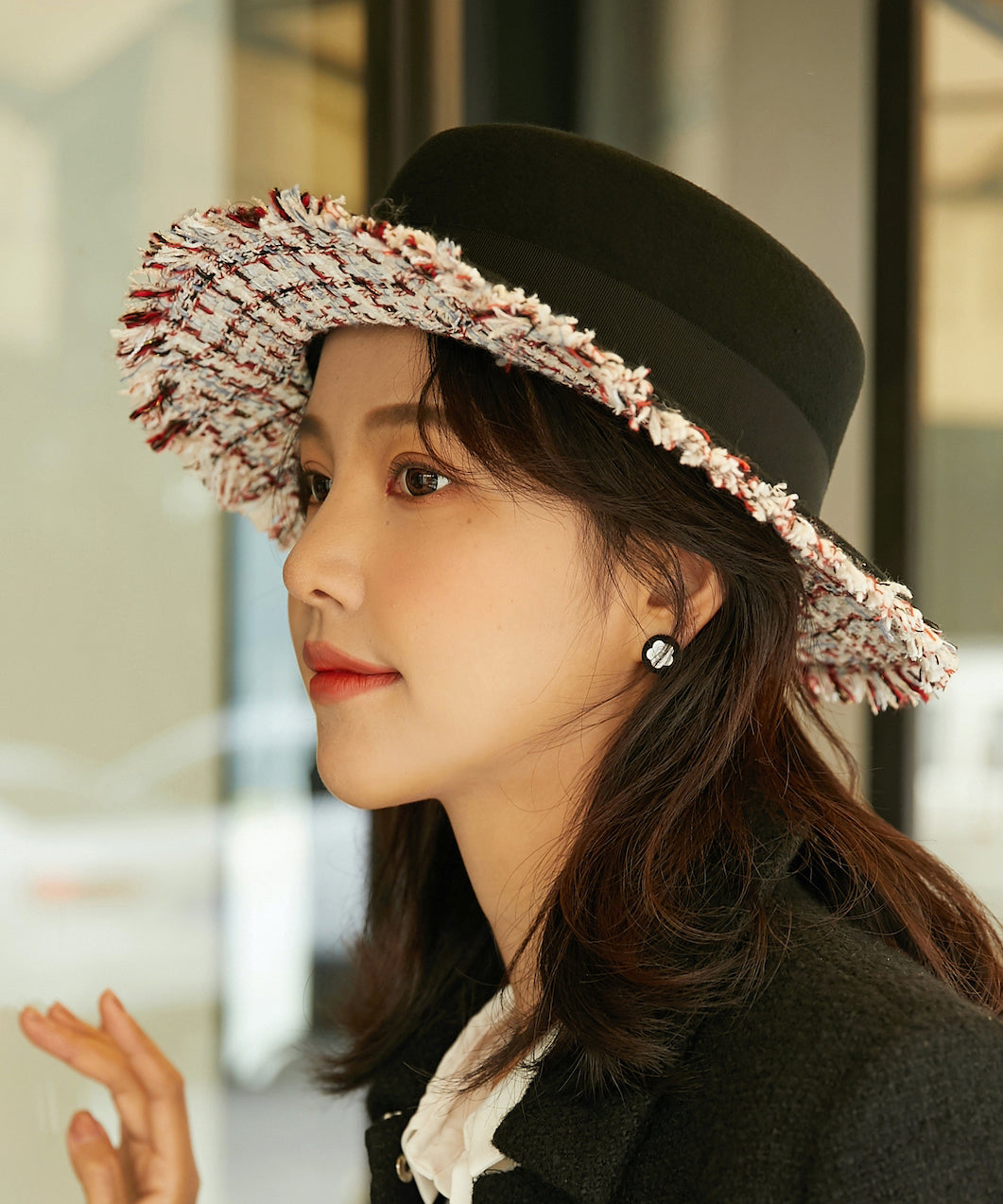 New French Elegant Black Applique Wool Cloche Hat
