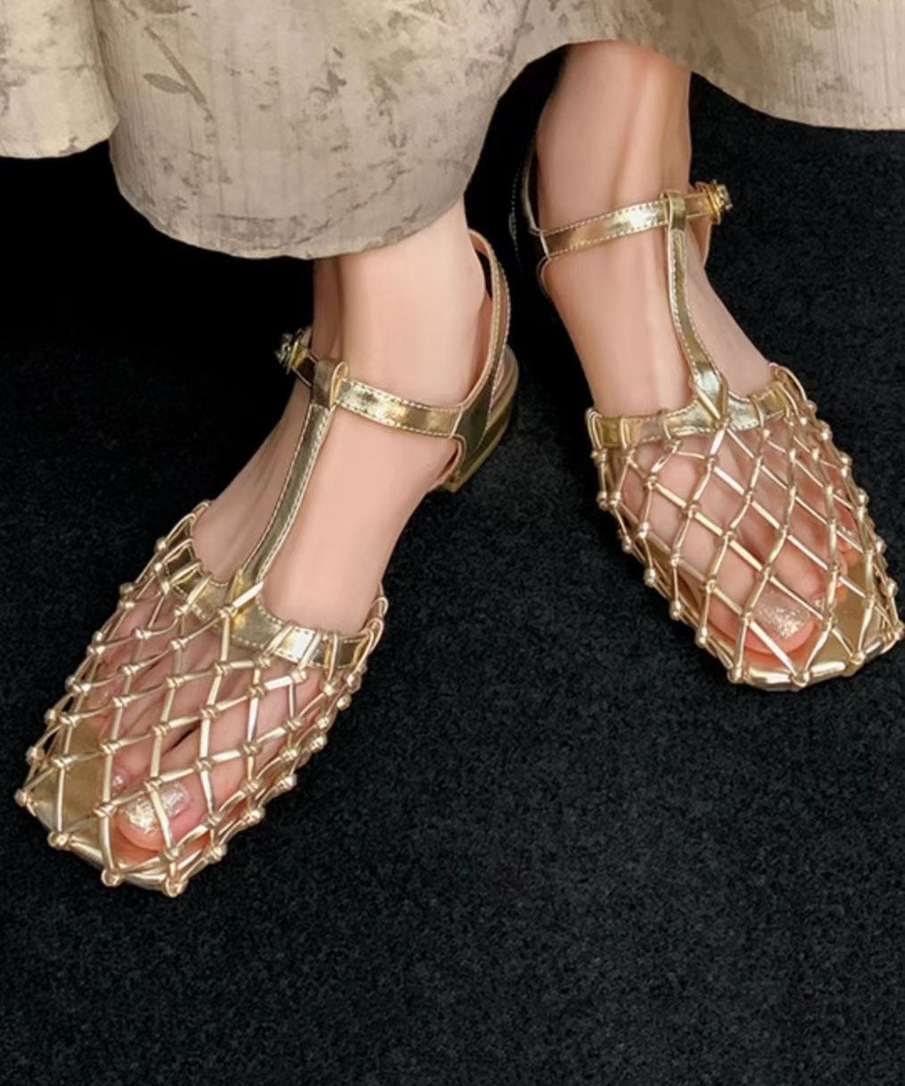 New French Hollow Out Buckle Strap Gold Sandals - Omychic