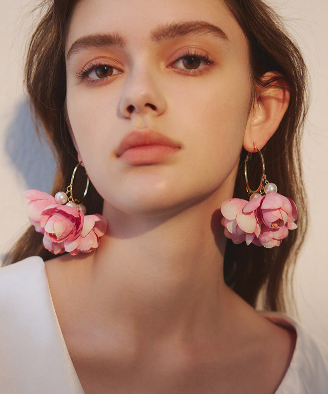 New French Rose Pink Flower Hoop Earrings