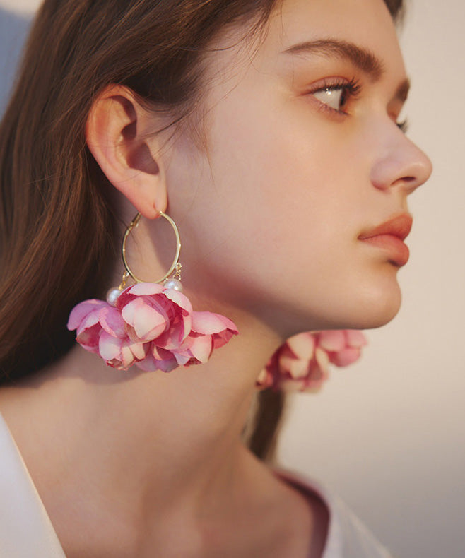 New French Rose Pink Flower Hoop Earrings