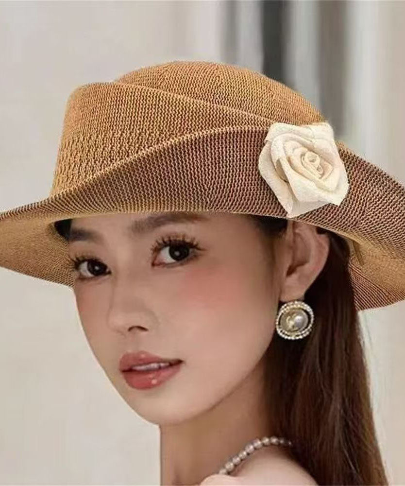 New French Style Khaki Rose Straw Woven Cloche Hat