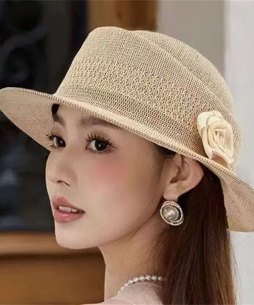 New French Style Khaki Rose Straw Woven Cloche Hat