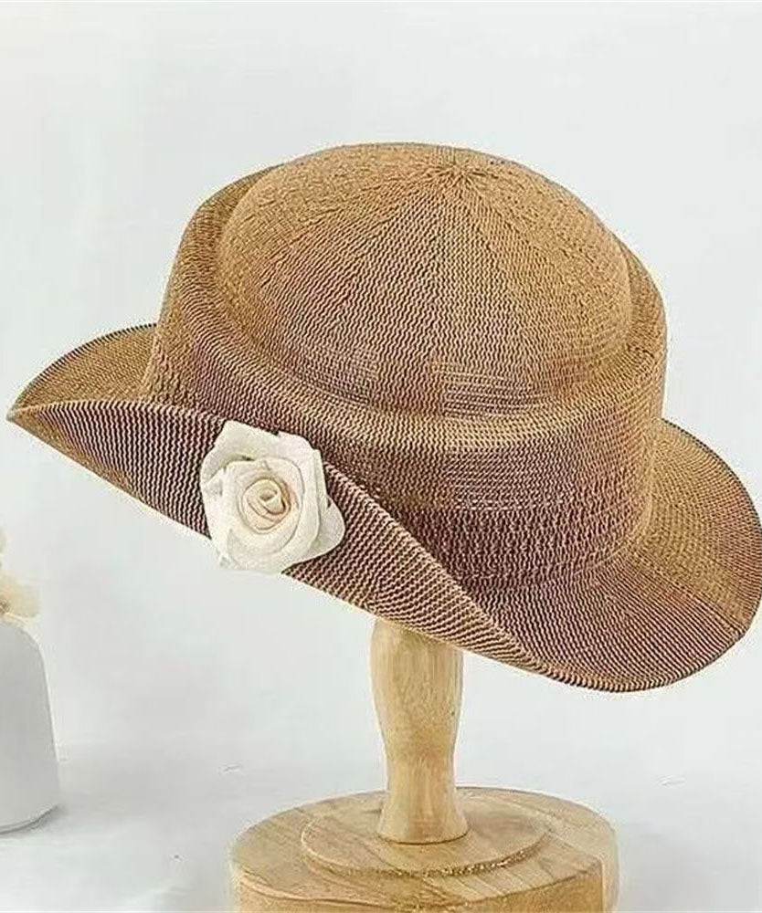 New French Style Khaki Rose Straw Woven Cloche Hat