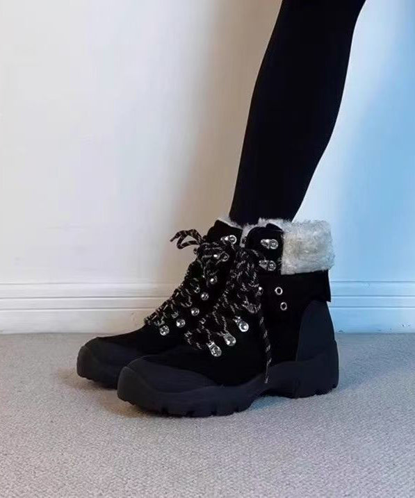 New Fuzzy Wool Lined Splicing Platform Boots Black Suede Lace Up