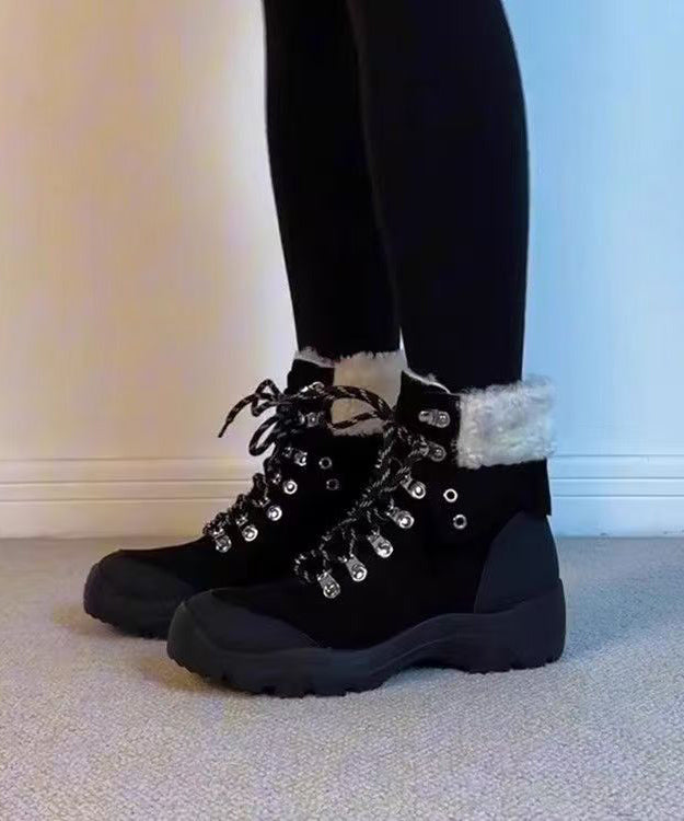 New Fuzzy Wool Lined Splicing Platform Boots Black Suede Lace Up