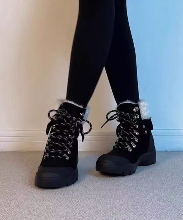 New Fuzzy Wool Lined Splicing Platform Boots Black Suede Lace Up