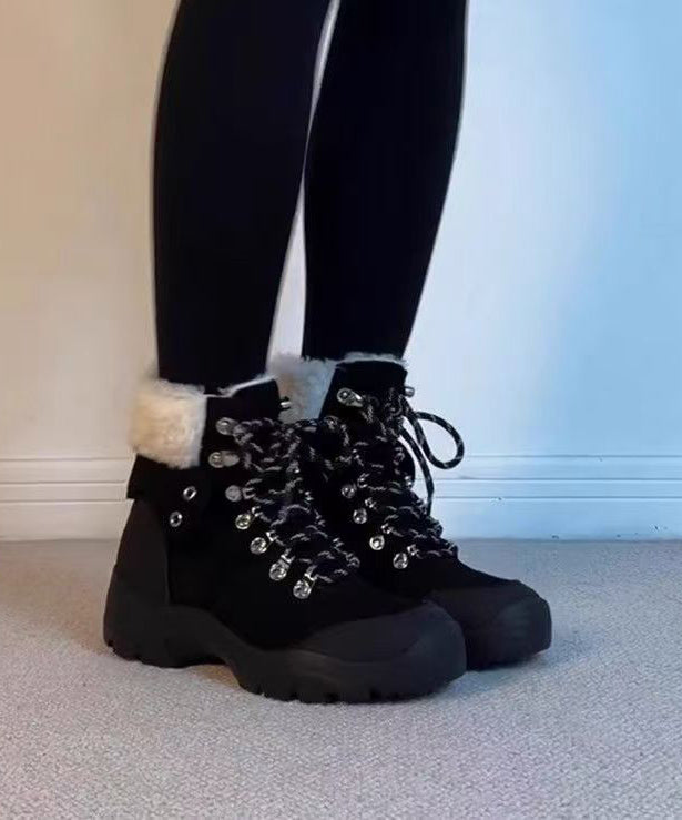New Fuzzy Wool Lined Splicing Platform Boots Black Suede Lace Up