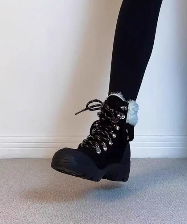 New Fuzzy Wool Lined Splicing Platform Boots Black Suede Lace Up