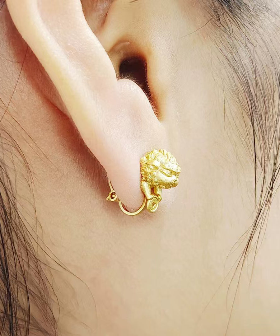New Gold Auspicious Pixiu Silver Single Ear Clip Stud Earrings - Omychic