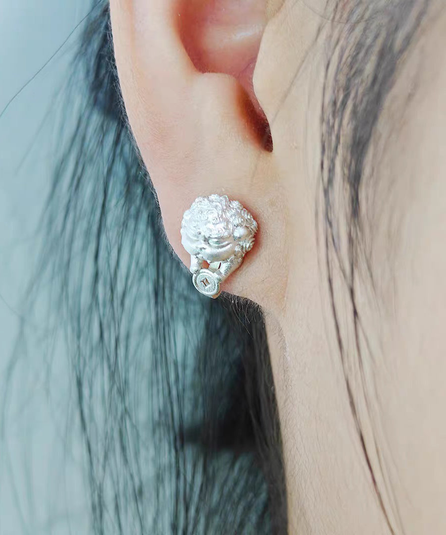 New Gold Auspicious Pixiu Silver Single Ear Clip Stud Earrings - Omychic