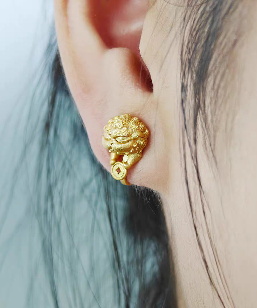 New Gold Auspicious Pixiu Silver Single Ear Clip Stud Earrings - Omychic