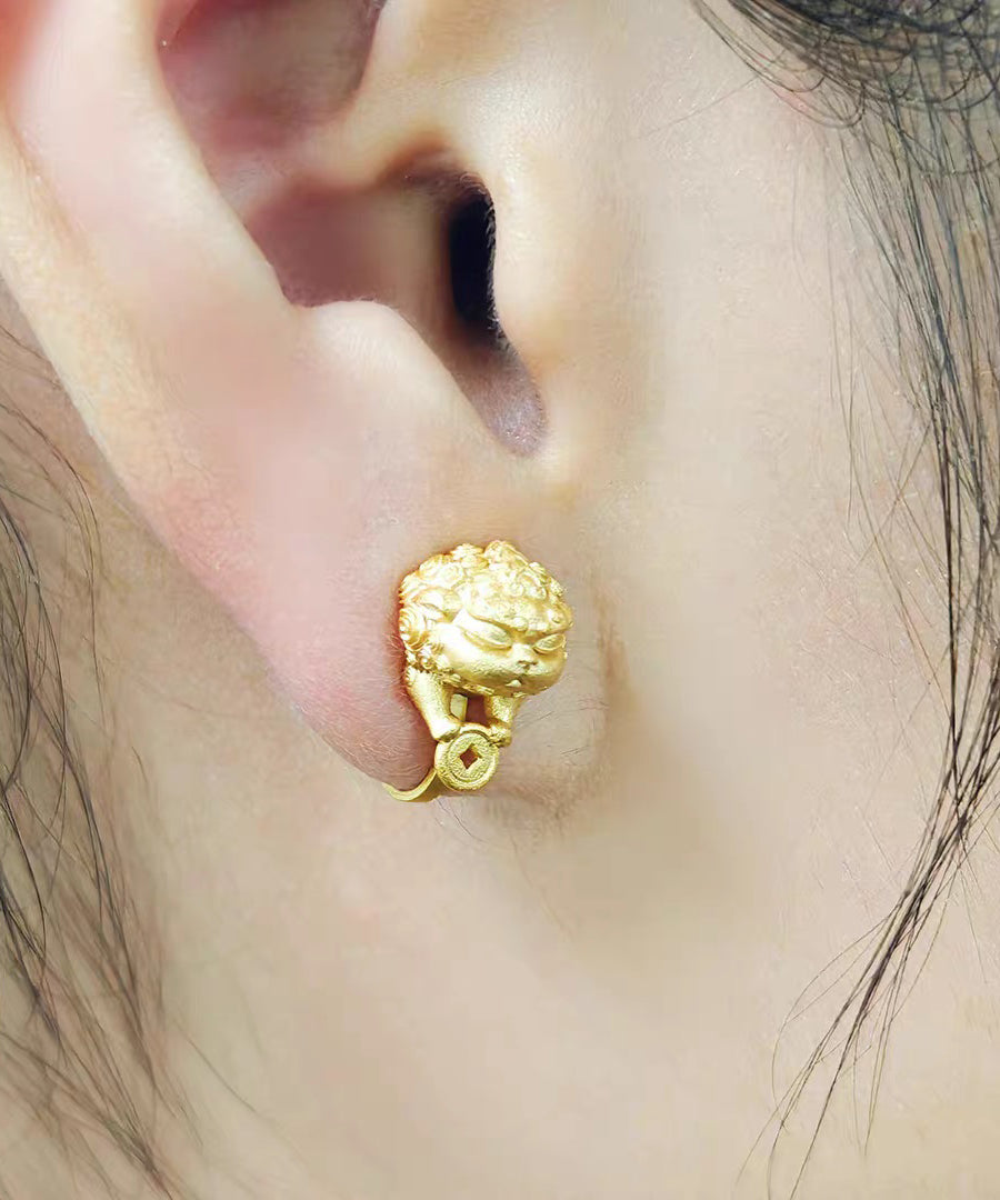 New Gold Auspicious Pixiu Silver Single Ear Clip Stud Earrings - Omychic