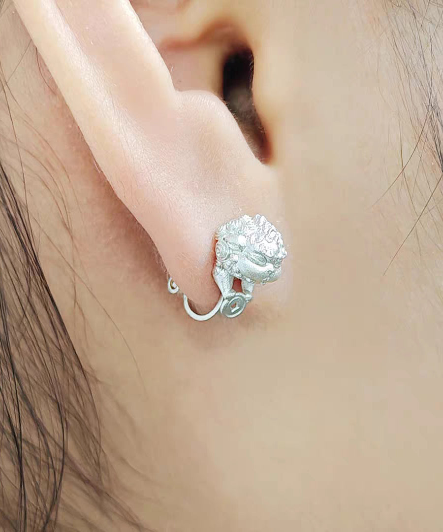 New Gold Auspicious Pixiu Silver Single Ear Clip Stud Earrings - Omychic