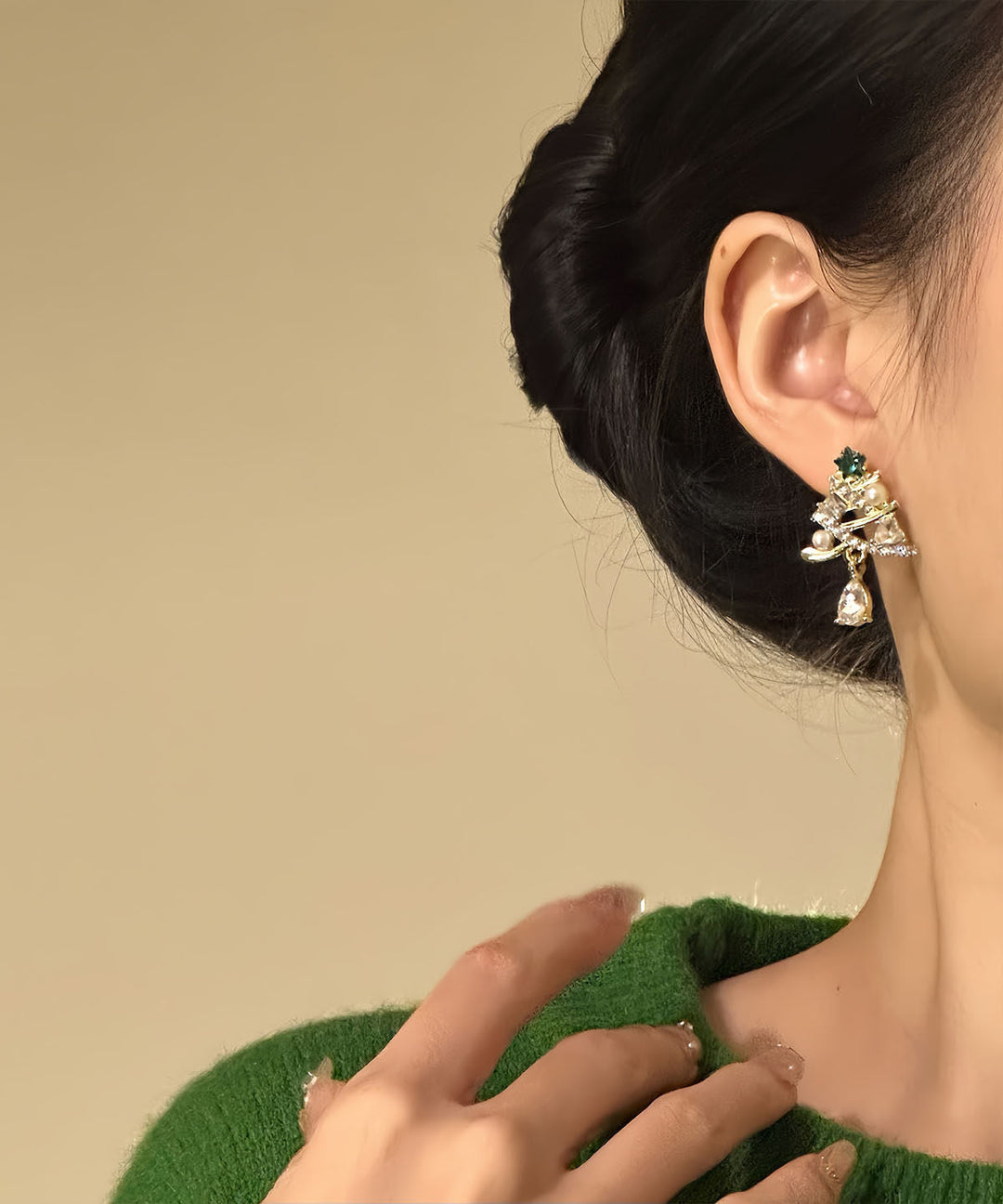 New Gold Copper Alloy Zircon Christmas Tree Water Droplet Drop Earrings