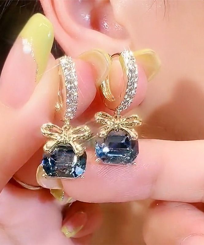 New Gold Copper Overgild Zircon Bow Crystal Hoop Earrings