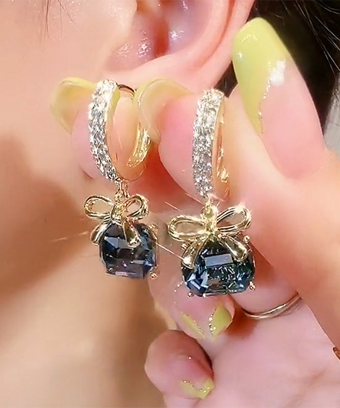 New Gold Copper Overgild Zircon Bow Crystal Hoop Earrings