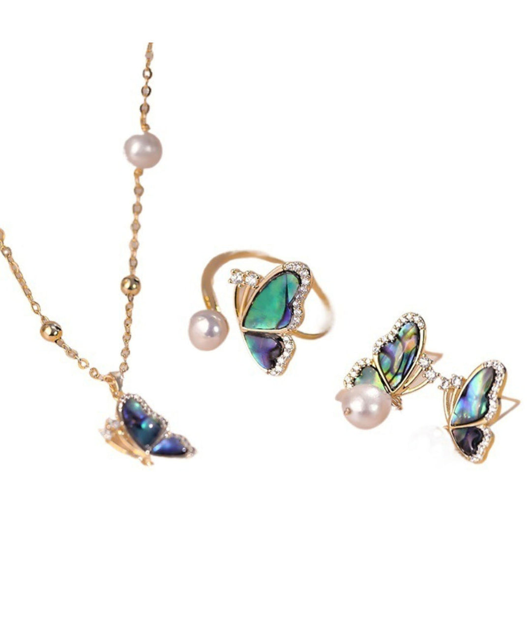 New Gold Copper Overgild Zircon Pearl Butterfly Pendant Necklace,Rings And Drop Earrings Three-Piece Set