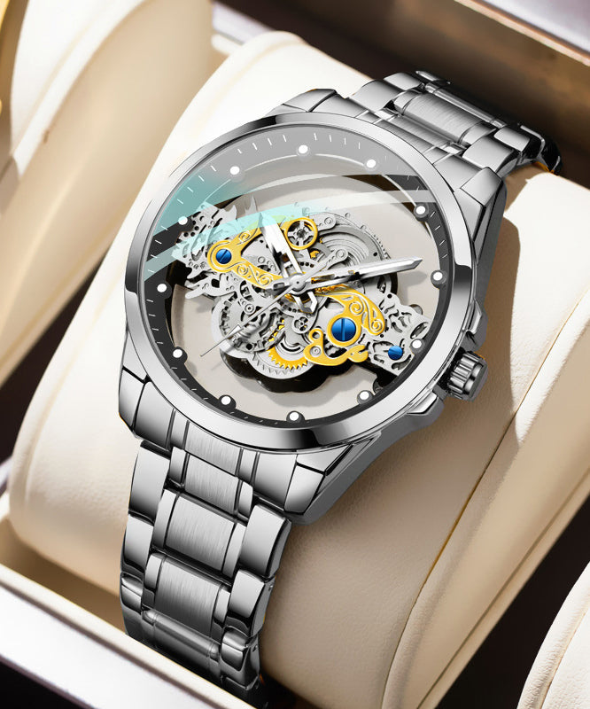 New Gold Stainless Steel Hollow Out Fully Automatic Mechanical Waterproof Watch