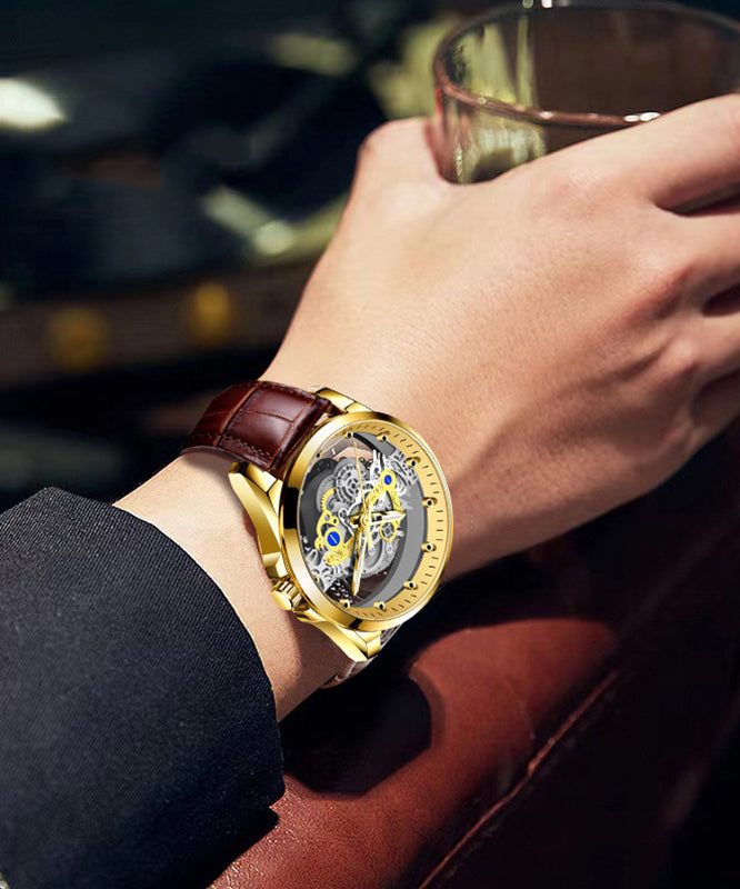 New Gold Stainless Steel Hollow Out Fully Automatic Mechanical Waterproof Watch