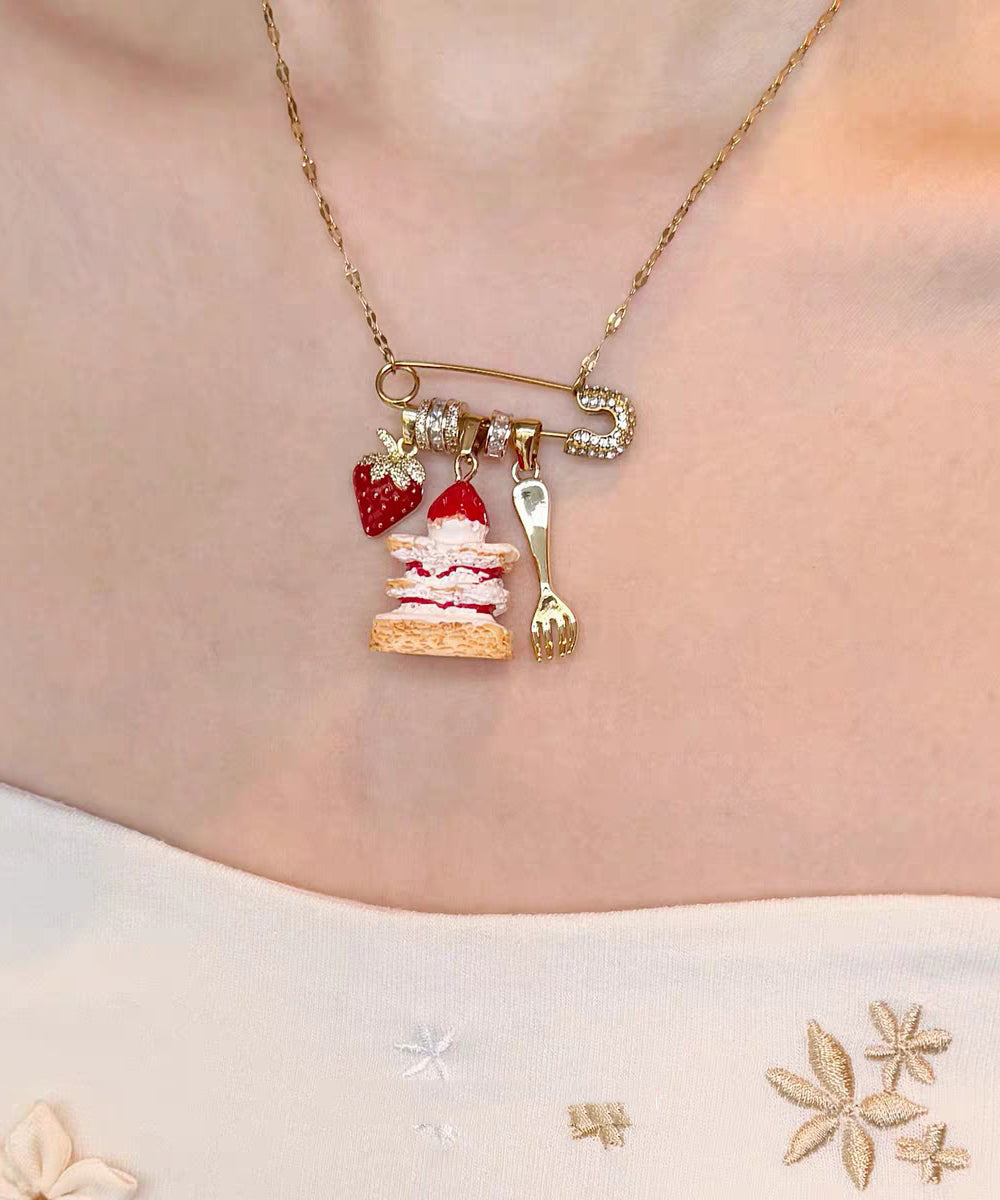 New Gold Sterling Silver Overgild Strawberry Cake Pendant Necklace