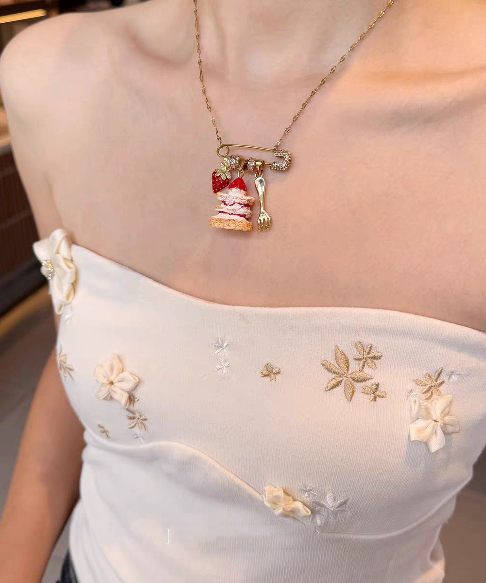 New Gold Sterling Silver Overgild Strawberry Cake Pendant Necklace