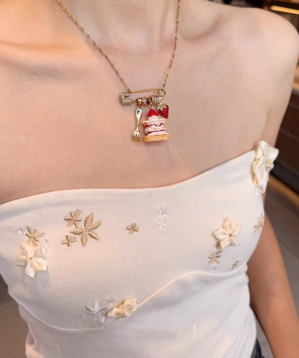New Gold Sterling Silver Overgild Strawberry Cake Pendant Necklace