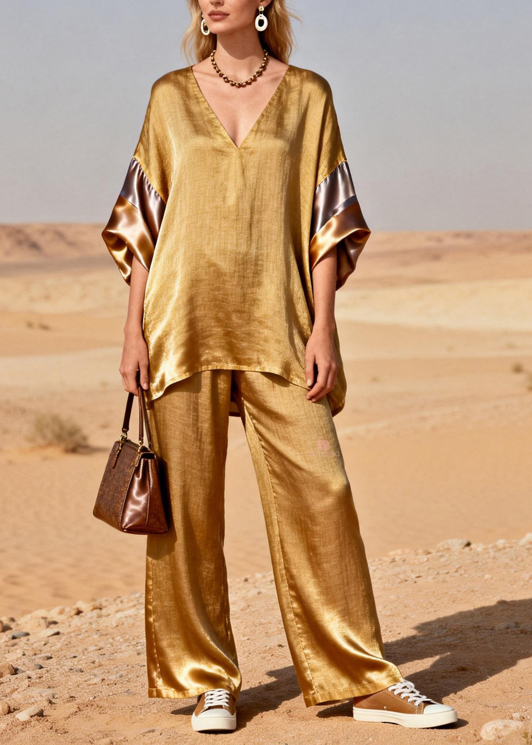 New Gold V Neck Patchwork Linen Silk Two Piece Suit Set Spring